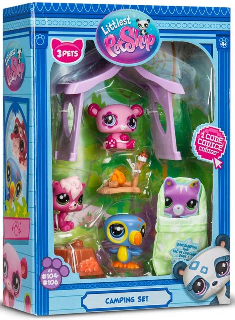 Bandai littlest pet shop - set de camping pack 3 animales y accesorios - littlest pet shop lps panda ardilla tucán - mini set de juguete con figura de animal lindo - juguetes para niños a partir de 4 años - bf00574