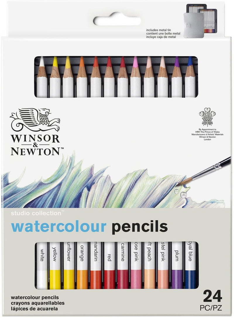 Winsor Newton 0490015 Studio Collection Matite acquerello Set 24 pezzi – Matite acquerello Dikcores in custodia di metallo