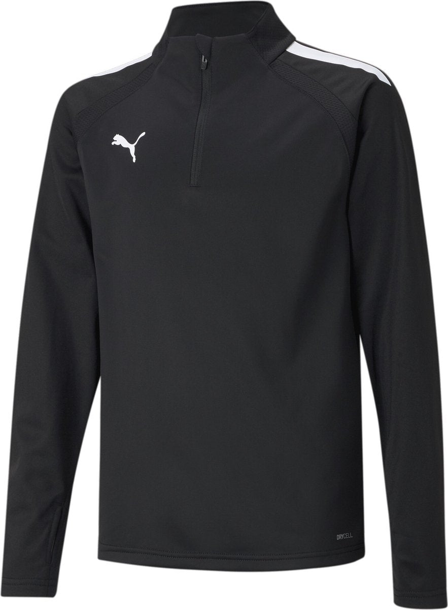 Puma teamliga 1 4 zip top jr unisex sportshirt - black- white