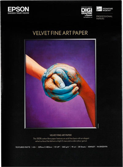 Carta fine art Epson Velvet, DIN A3+, 260 g m², 20 fogli