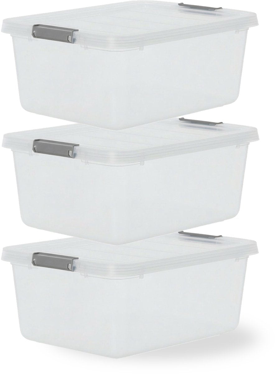 Caja de almacenamiento Iris con clips - 12,5 l - apilable - plástico - gris transparente - juego de 3