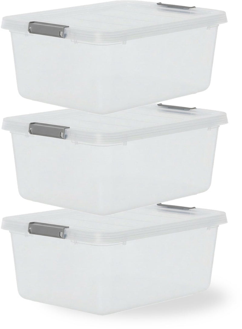 Iris storage opbergbox met clips - 12.5l - stapelbaar - kunststof - transparant grijs - set van 3