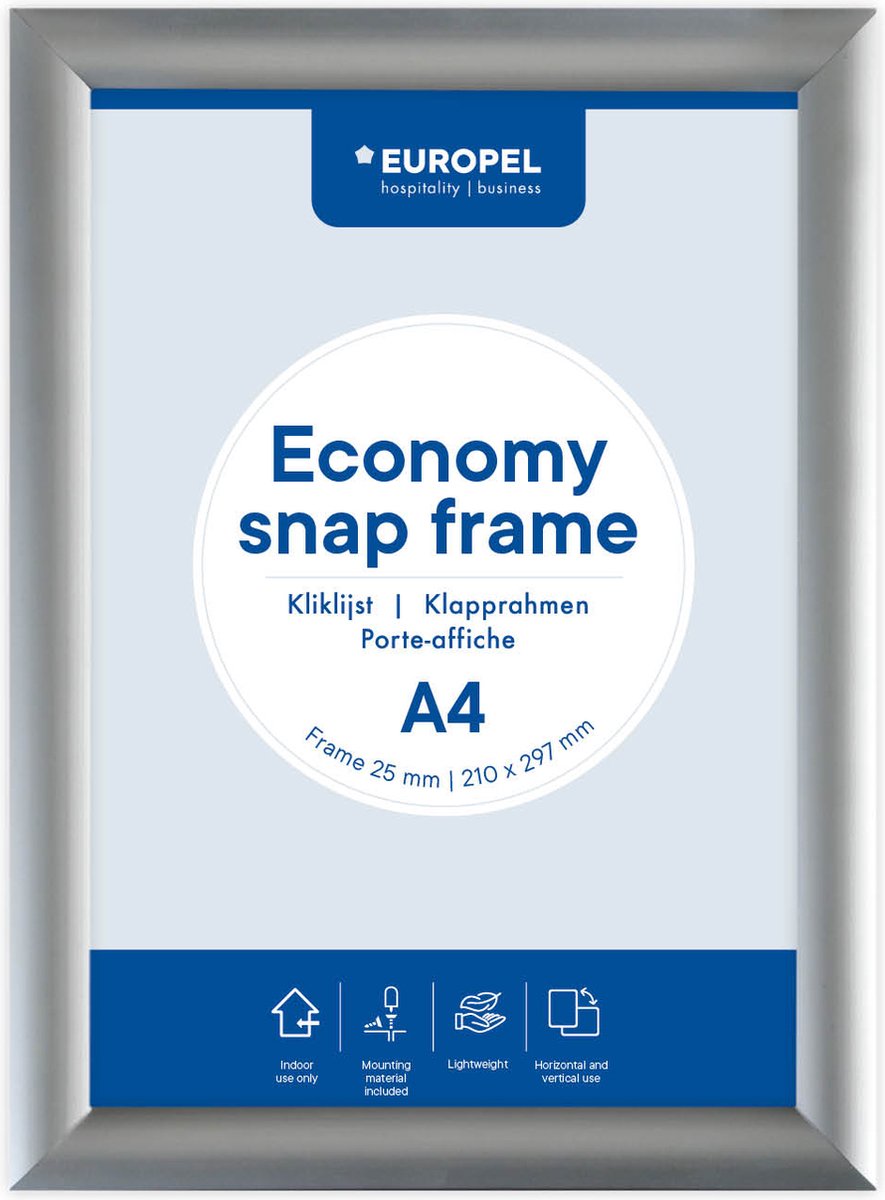 Cornice a clic Europel Economy – cornice per poster – A4 – 21 x 29,7 cm – 25 mm – alluminio – argento