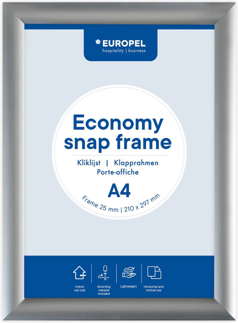 Cornice a clic Europel Economy – cornice per poster – A4 – 21 x 29,7 cm – 25 mm – alluminio – argento