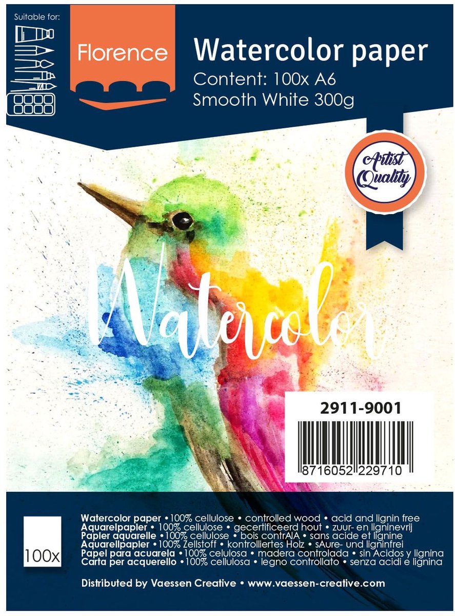 Florence vaessen aquarelpapier - intense white - a6 - 300 grams - gladde structuur - smooth - florence - 100 vellen