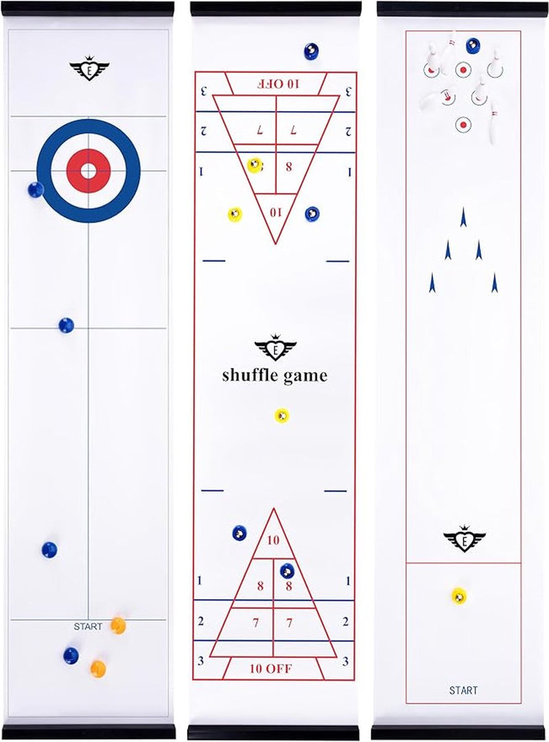 Engelhart scatola da gioco 3 in 1 – curling, shuffle bowling – gioco da tavolo multifunzionale – 120 x 28 cm – set da gioco 3 in 1 – gioco di abilità da tavolo – scatola da gioco per interni –