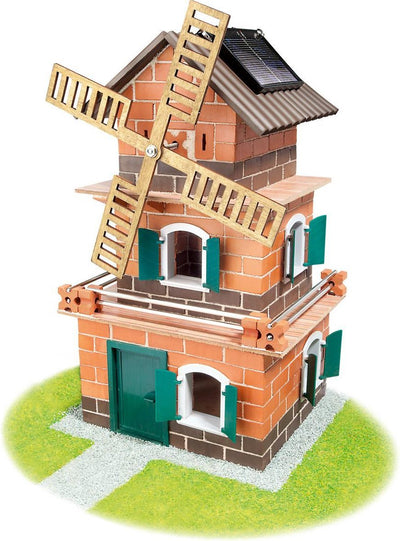 Kit de construcción Teifoc ® – Molino solar y molino de agua – 380 piezas – Mini ladrillos reales con cemento, cuenco y paleta – Kit de construcción para niños a partir de 8 años