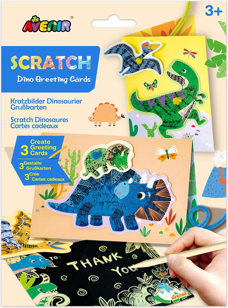 Biglietti d'auguri Avenir scratch art - dinosauri - con buste - 3 pezzi - 3 anni