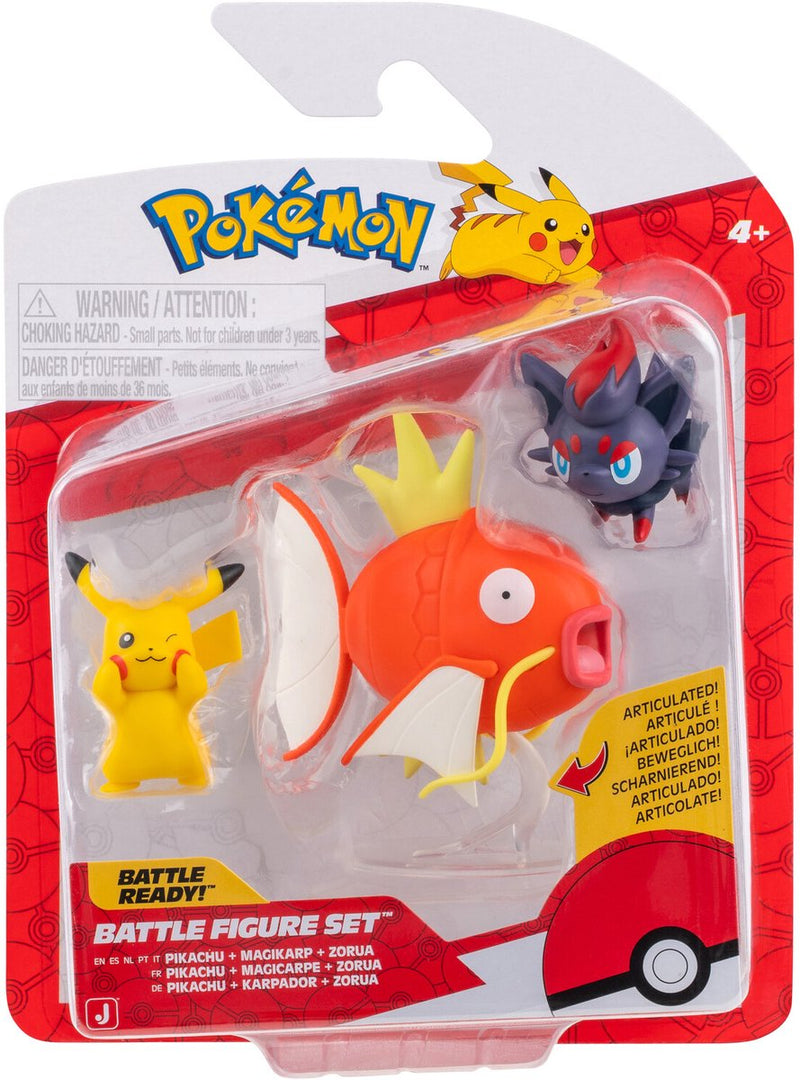Pokémon Jazwares - Battle Figure Confezione da 3 Pikachu, Zorua, Magikarp con supporto