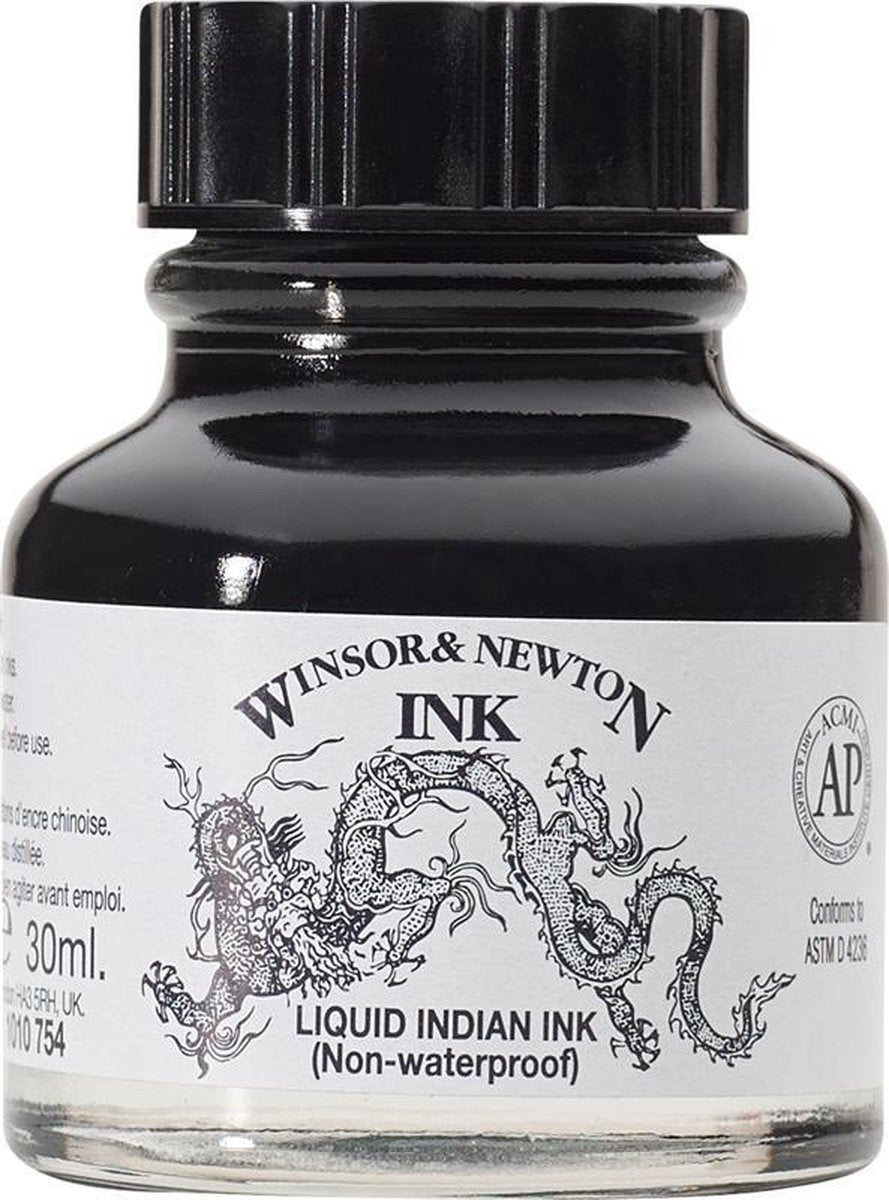 Winsor newton 1010754 liquid indian ink 30 ml – tekentint, snel drogend, voor penseel, pen en airbrush