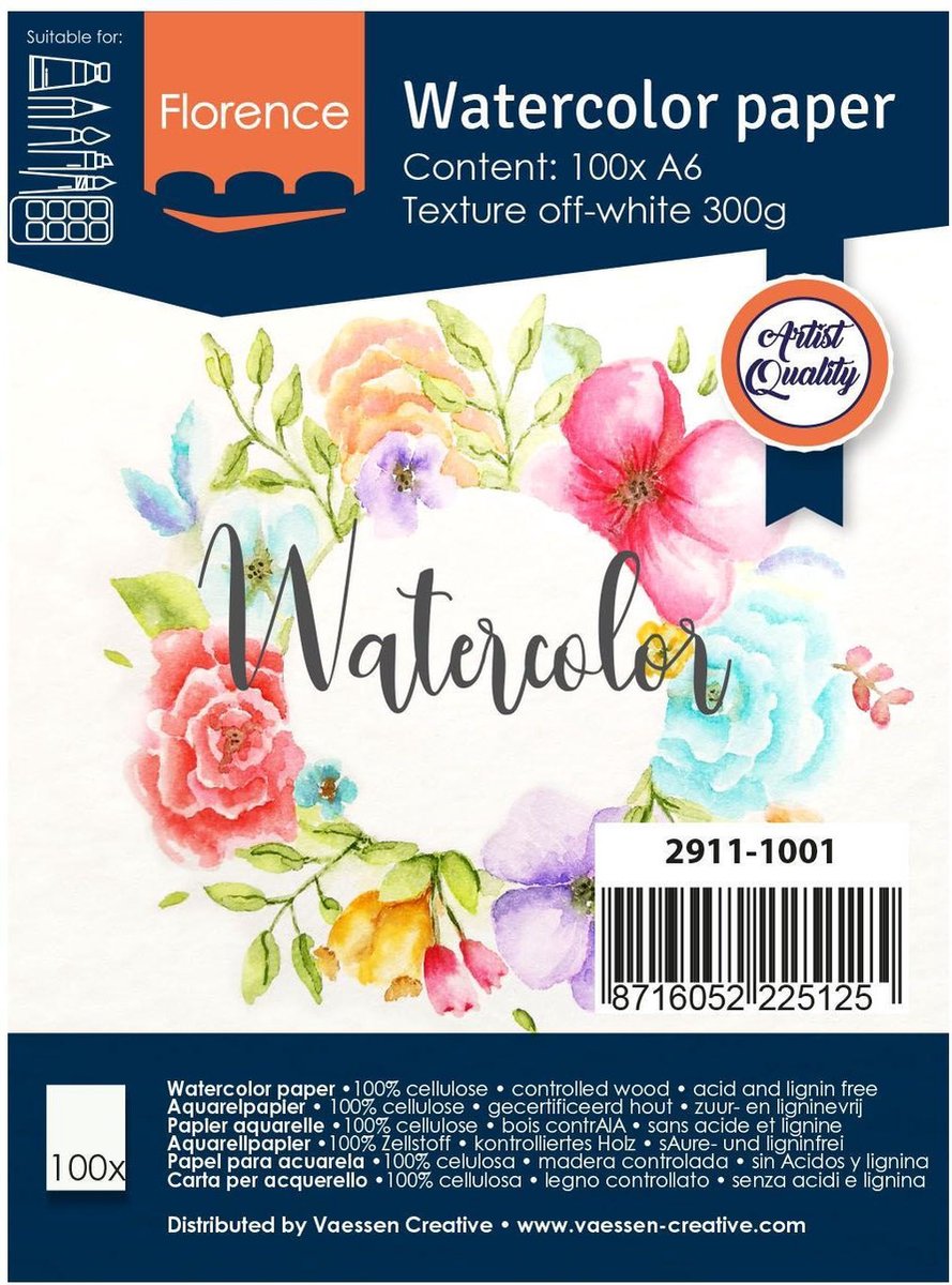 Florence vaessen aquarelpapier - off white a6 300 grams - lichte structuur - 100 vellen