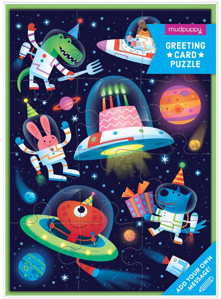 Mudpuppy puzzel - cosmic party - wenskaart 13x18cm - 12 stukken - 3 jaar