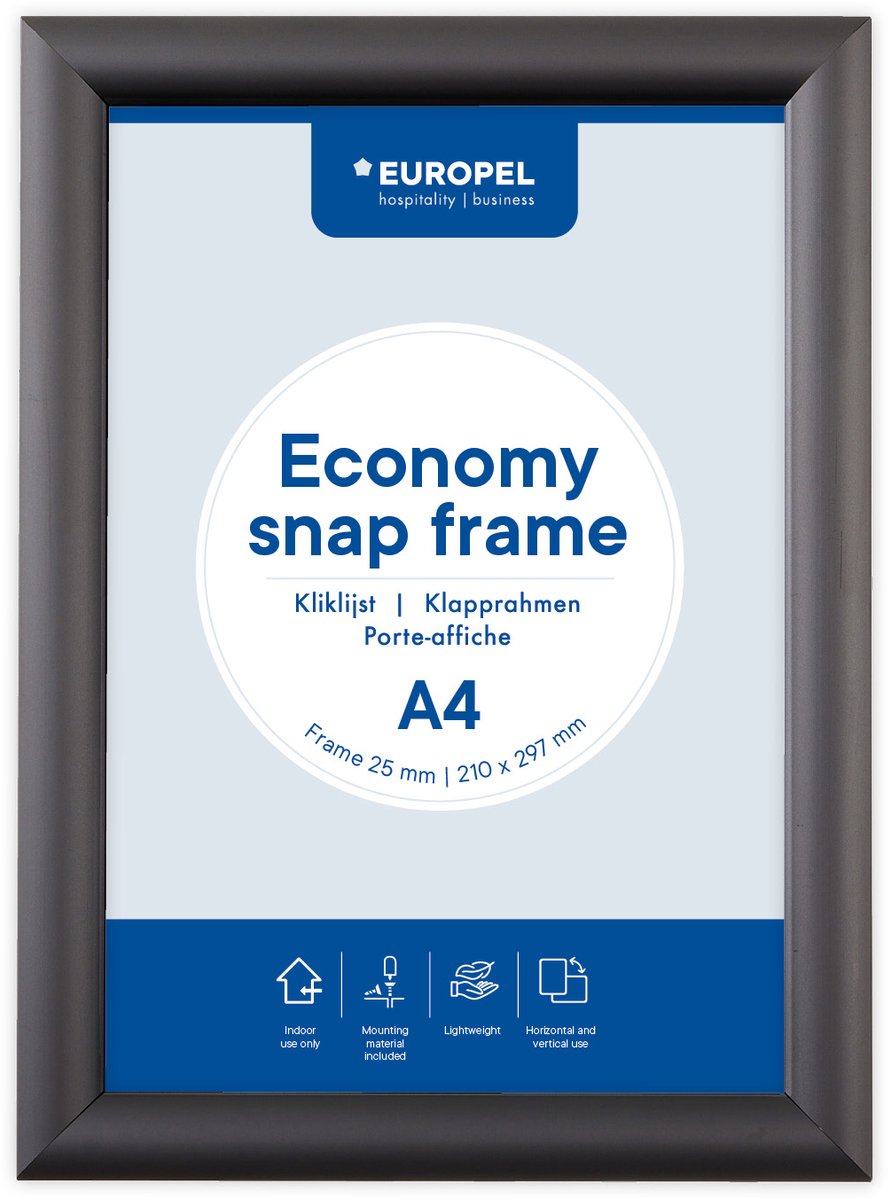 Cornice a clic Europel Economy – cornice per poster – A4 – 21 x 29,7 cm – 25 mm – alluminio – nera