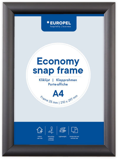 Europel economy kliklijst – posterlijst – a4 – 21 x 29,7 cm – 25mm – aluminium – zwart