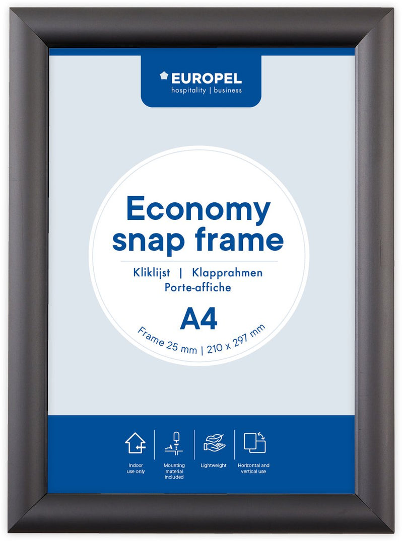 Cornice a clic Europel Economy – cornice per poster – A4 – 21 x 29,7 cm – 25 mm – alluminio – nera