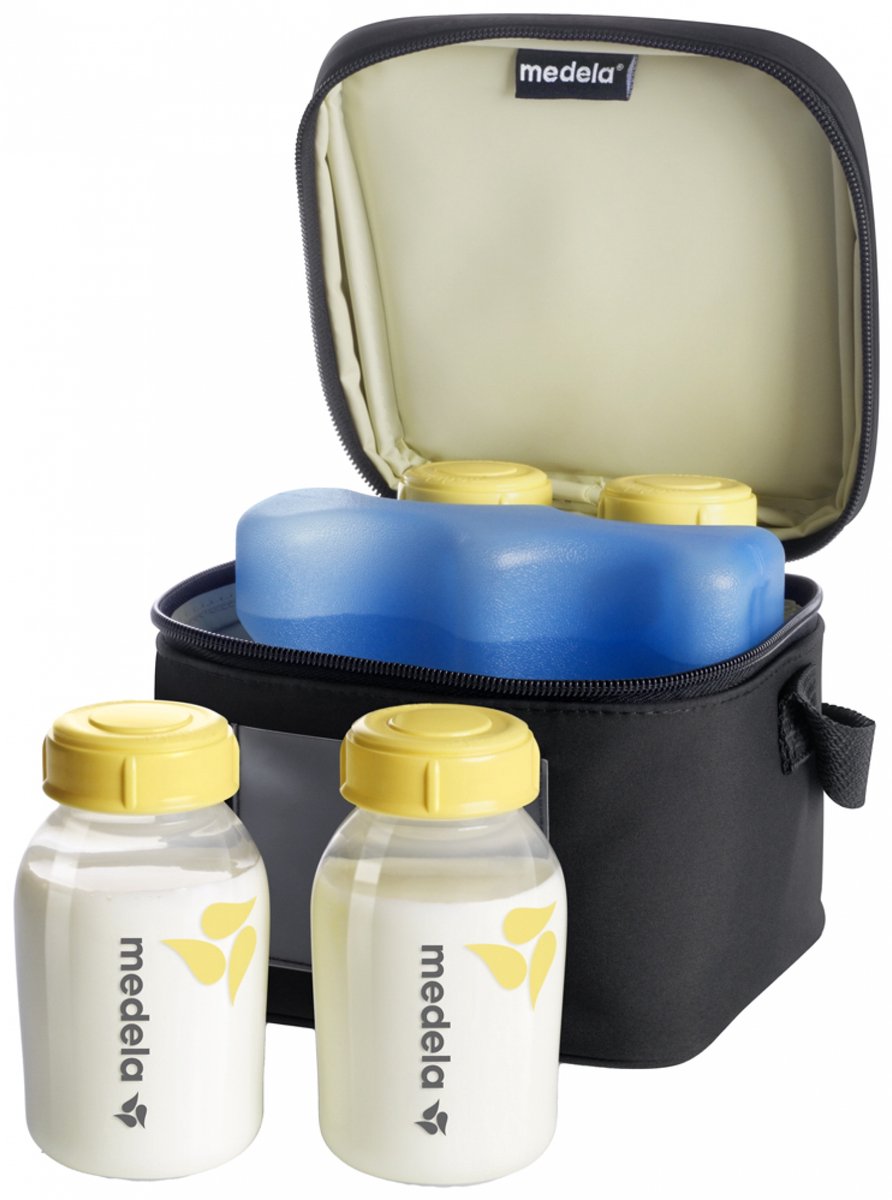 Nevera Medela con 4 biberones de leche materna, incluido elemento refrigerante, compacta y manejable