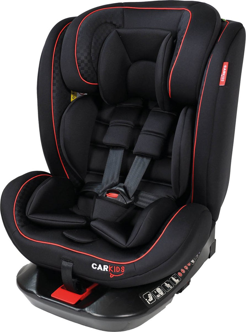 Silla de coche Carkids i-size darcy - cumple con el estándar i-size r-129 - giratoria 360° - para niños de 40 a 150 cm - conexión isofix Top Tether - reposacabezas y respaldo ajustables - negro rojo