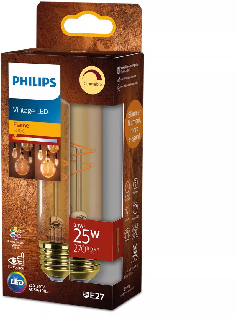 Philips LED Philips Vintage LED - lámpara regulable - 25W - luz blanca extra cálida: 1800K - casquillo E27 - cristal ámbar - forma de lámpara: T32
