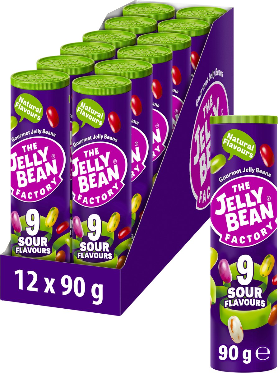 The Jelly Bean Factory 12 tubos agrios de gominolas de caramelo agrio - regalo de cumpleaños para niños - 9 sabores diferentes - tubo de caramelo de 90 g - regalo - caramelos