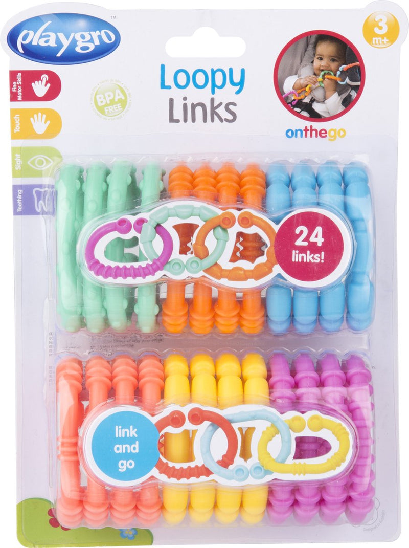 Anelli di collegamento colorati Playgro - anelli loopy - accessori per passeggino - 24 pezzi - diversi profili di morso - giocattoli per bambini - giocattoli per la dentizione del bambino - anelli per la dentizione - anelli giocattolo