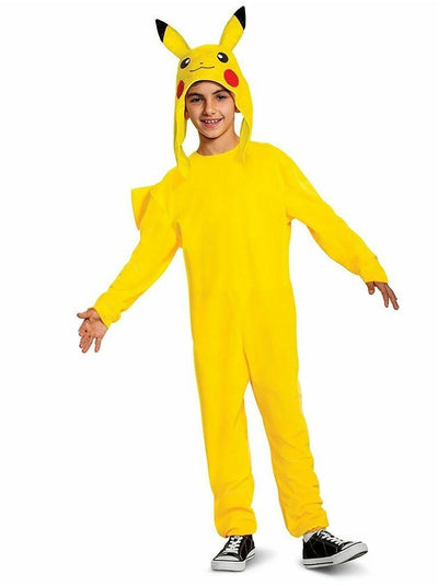 Disguise pokémon, pikachu jumpsuit met capuchon deluxe, maat m (7-8 jaar)