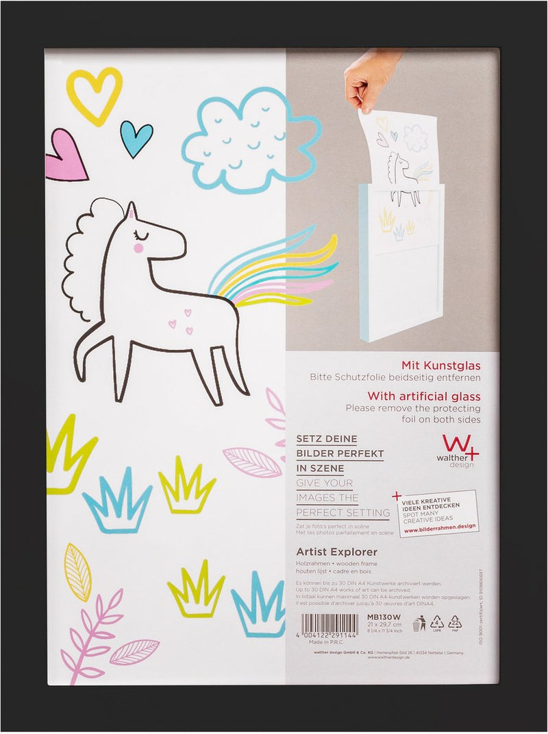 Walther Artist Explorer - marco de madera - para 30 bocetos infantiles - tamaño de la foto 21x30 cm - vidrio artístico - negro