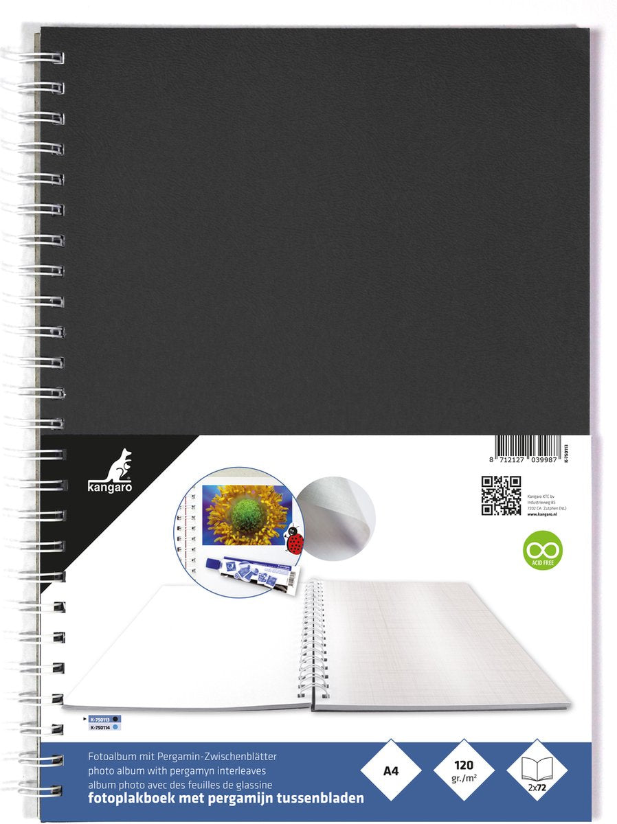 Kangaro fotoplakboek - 33x23cm - zwart - zuurvrij papier - met pergamijnvellen