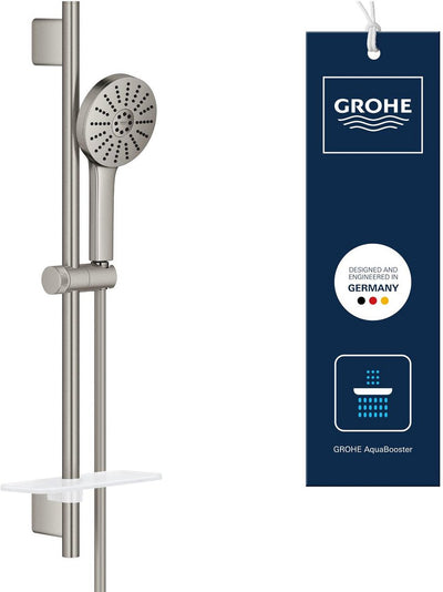 Set doccia Grohe vitalio joy+ 120 con asta doccia - con soffione, flessibile doccia, portasapone - 3 tipi di getto - aqua booster - risparmio idrico (7l min) - super steel