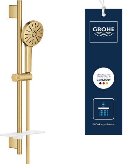 Set doccia Grohe vitalio joy+ 120 con asta doccia - con soffione, tubo doccia portasapone - 3 tipi di getto - aqua booster - risparmio idrico (7l min) - spazzolato cool Sunrise