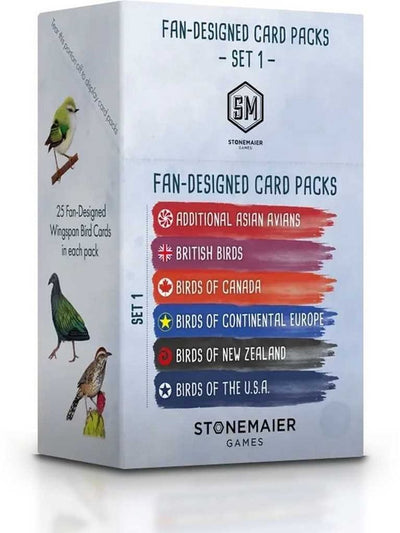 Asmodee wingspan fan-designed bird packs display 6 card game expansion.