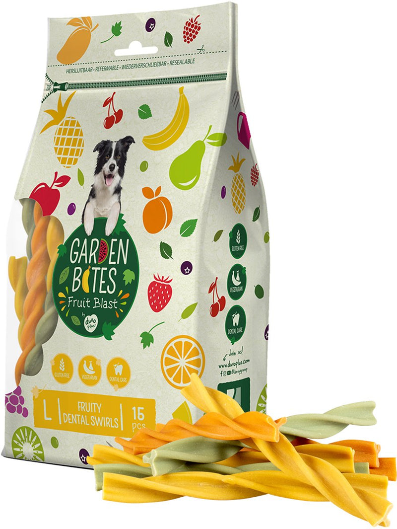 Garden Morsi duvoplus - snack per cani fruttati con spirali dentali - dolcetti per cani - vegetariani senza glutine - grandi 15 pezzi