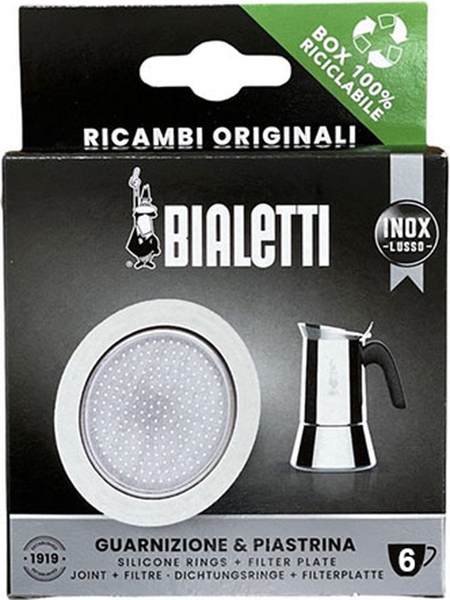 Placa filtrante Bialetti + anillo de silicona – apto para cafeteras eléctricas de acero inoxidable de 6 tazas – repuesto original