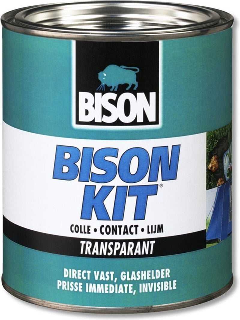 Bison kit® lata transparente 750 ml, transparente, fuerte, adhesivo de contacto universal, resistente a la humedad, resistente a las heladas, de -40°c a +70°c, fácil de usar