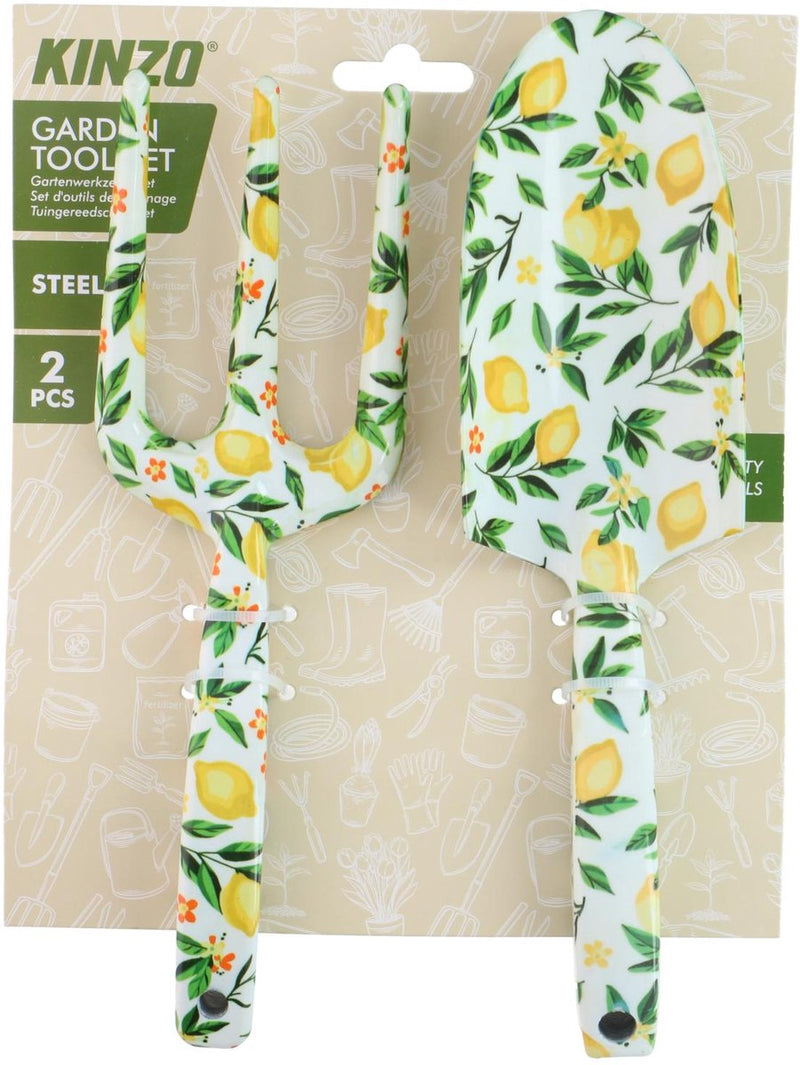 Set attrezzi da giardino Kinzo 2 pezzi - Set attrezzi da giardino con pala per piantare e forcone a mano - Pala da giardino in acciaio e forcone a mano da giardino - Attrezzi da giardino decorativi motivo floreale