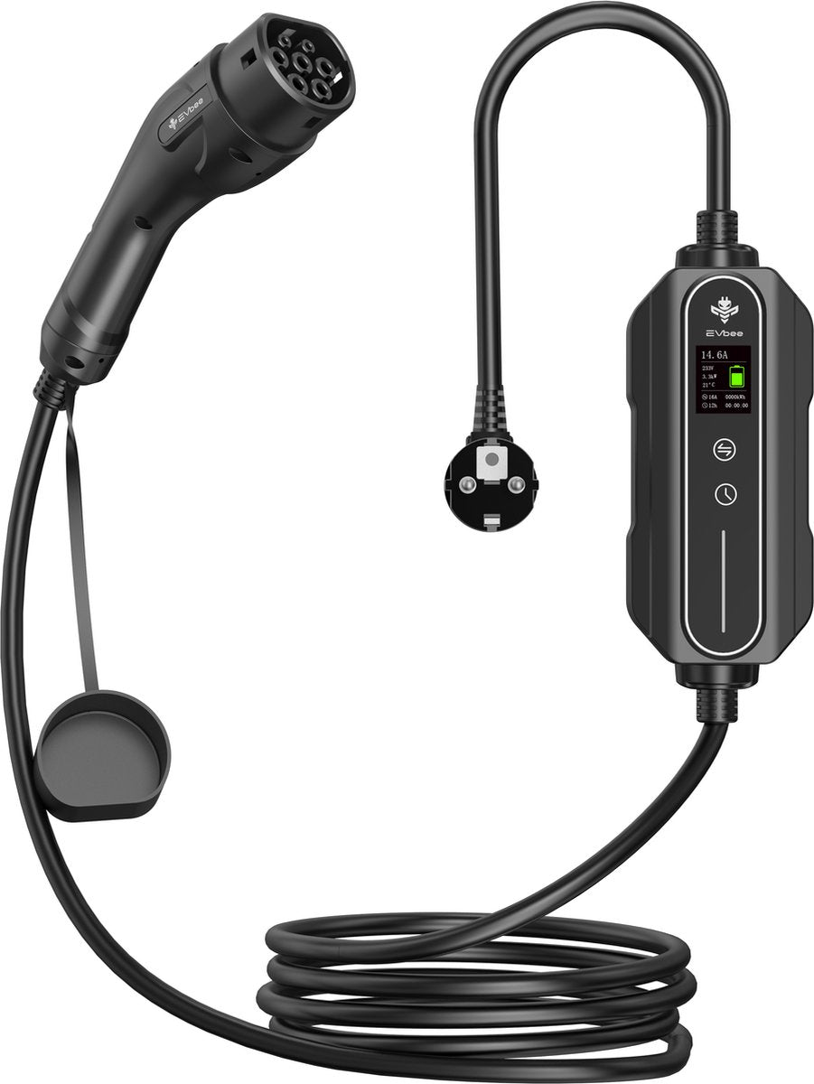 Evbee flexcharger - schuko naar (ev)type 2 - info scherm - laadtijd indicatie