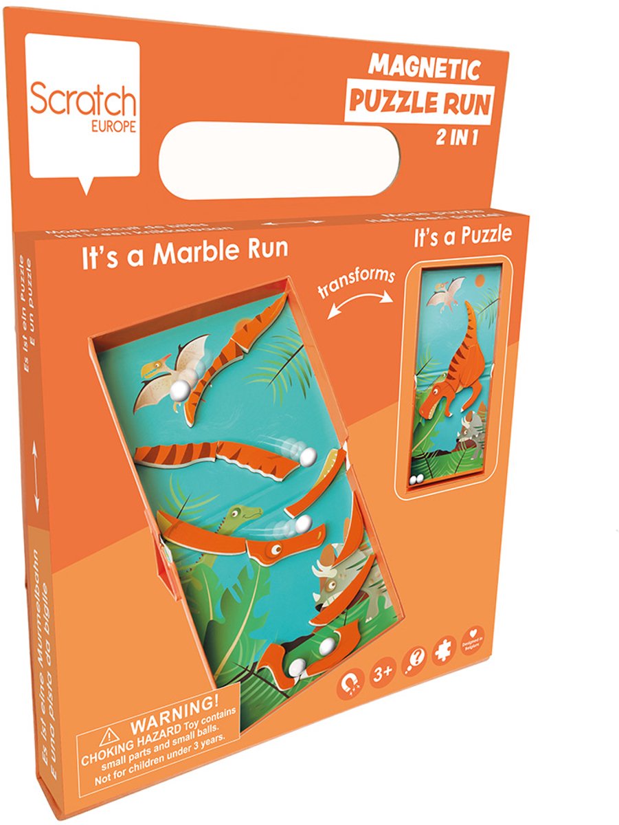 Scratch magnetic puzzle run - dino - 2-in-1 - puzzel en knikkerbaan met 5 knikkers - 3 jaar