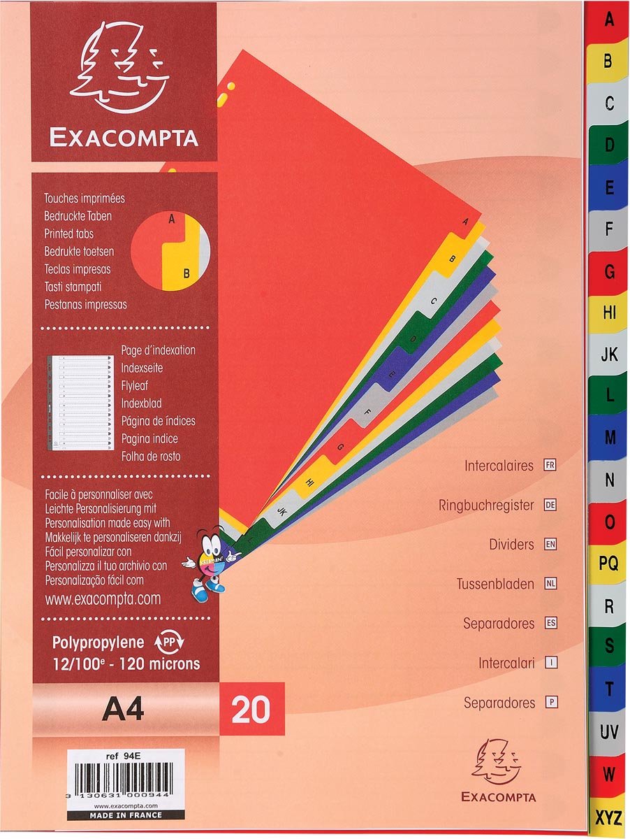 Exacompta tabbladen voor ft a4, uit pp, van a tot z, 20 tabs, met indexblad, geassorteerde kleuren