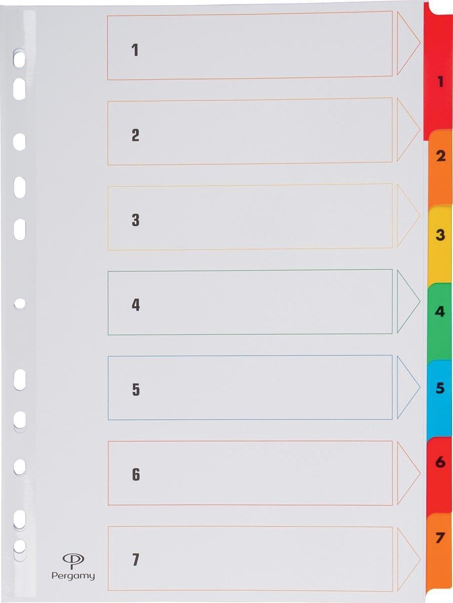 Pergamy tabbladen met indexblad, ft a4, 11-gaatsperforatie, geassorteerde kleuren, set 1-7