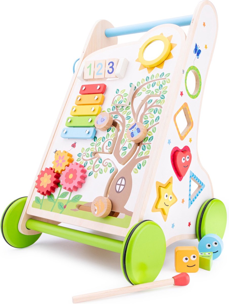 Woet ® houten activiteiten loopwagen - duwwagen met vormen, muziek en spelletjes - babywalker - vanaf 1 jaar