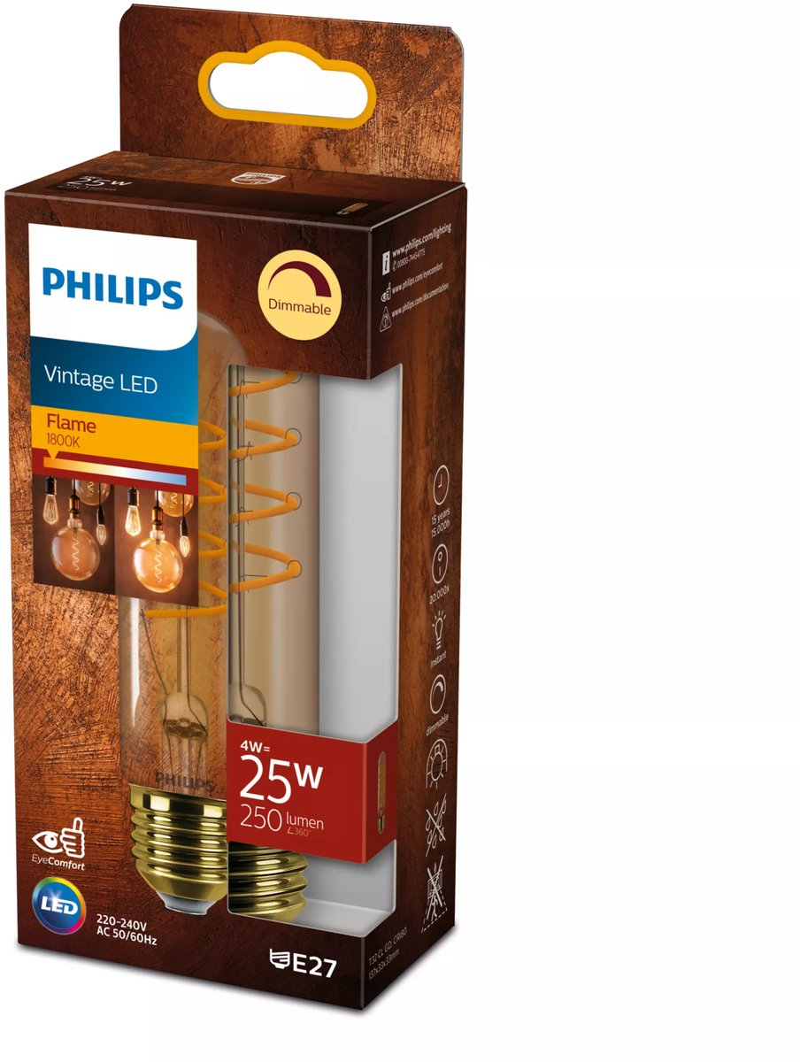 Philips LED Philips Vintage LED - lampada dimmerabile - 25W - luce bianca extra calda: 1800K - attacco E27 - vetro ambrato - forma della lampada: T32