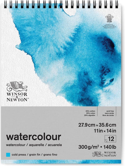 Winsor Newton 6662583 watercolor pad spiral pad – 300g m², 12 sheets, cold pressed, grain fin - watercolor paper 27.9 x 35.6cm