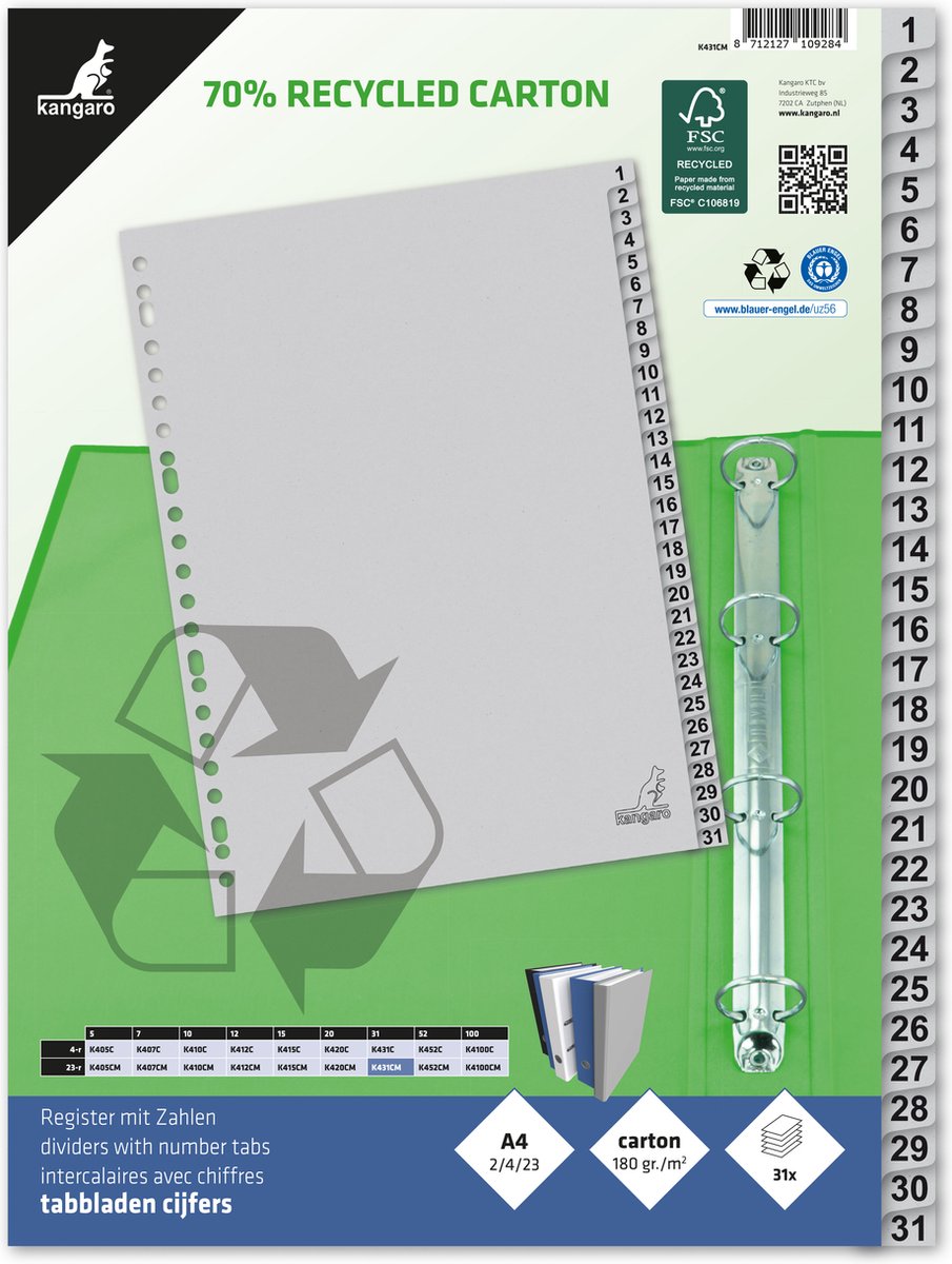Kangaro tabbladen - a4 - cijfers 31-delig - eco karton 180 grams - 23-gaats
