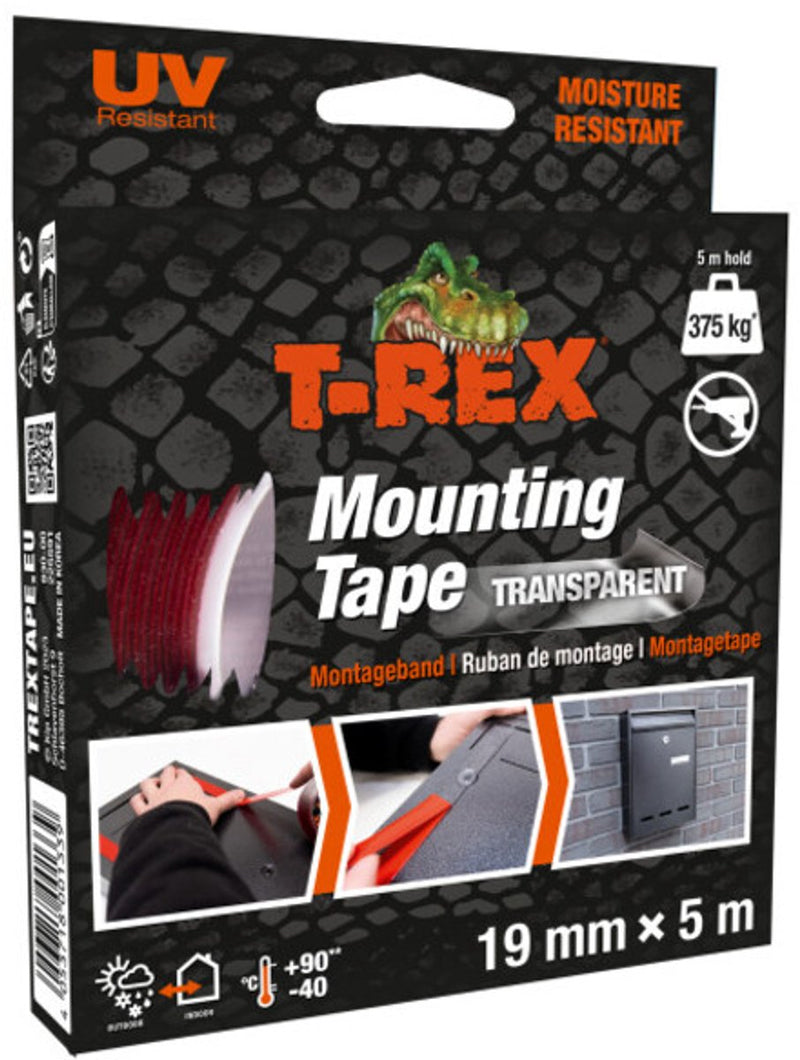 Cinta de montaje T-rex - cinta de doble cara extrafuerte para montaje en interiores y exteriores - fijación permanente sin taladrar ni atornillar - capacidad de carga de hasta 375 kg - 19 mm x 5 m