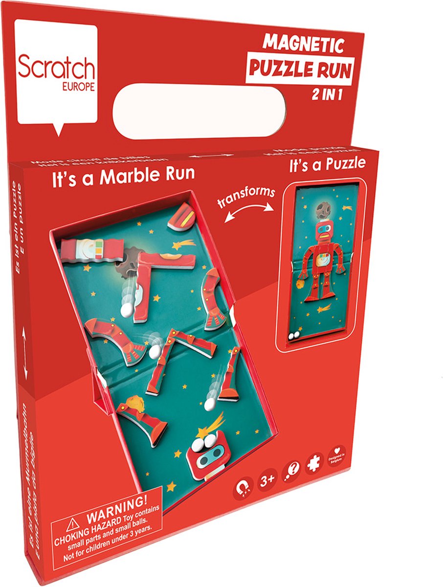 Puzzle magnetico da grattare - robot - 2-in-1 - puzzle e pista per biglie con 5 biglie - 3 anni