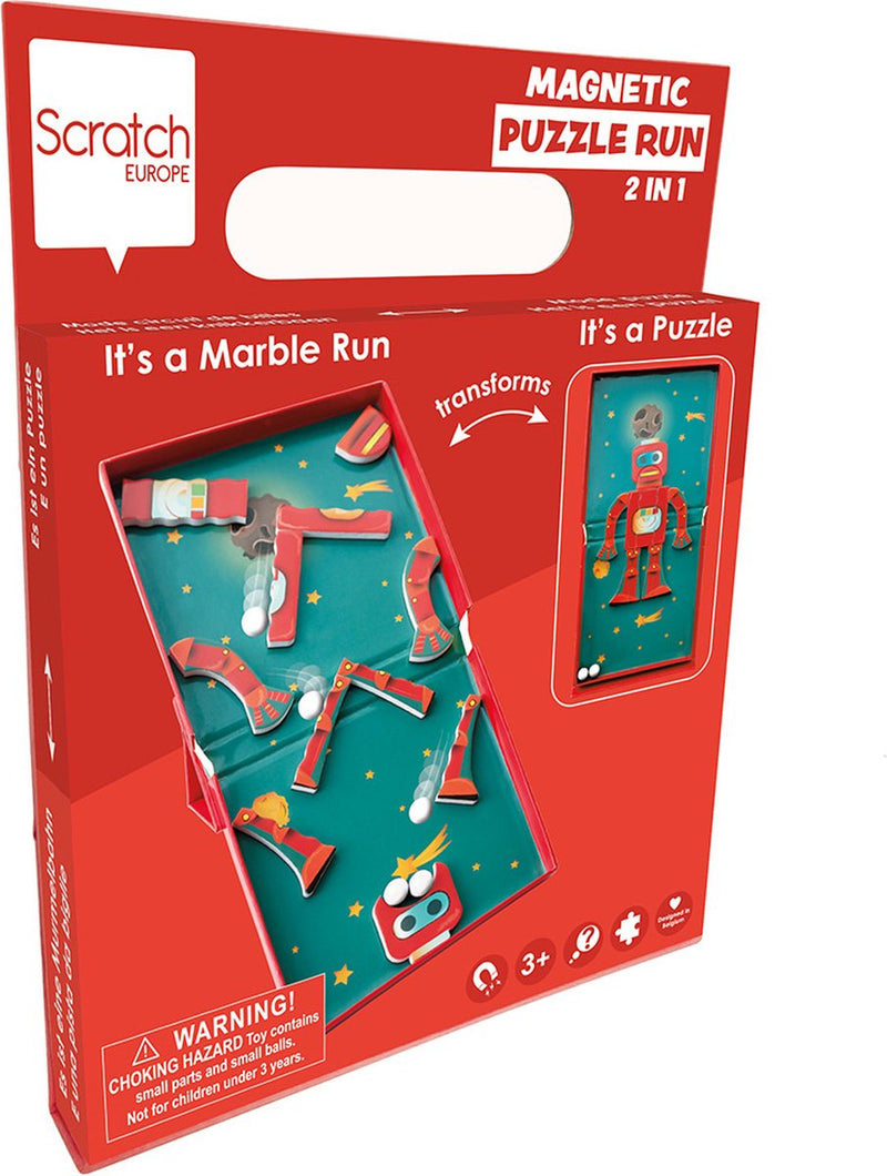 Puzzle magnetico da grattare - robot - 2-in-1 - puzzle e pista per biglie con 5 biglie - 3 anni