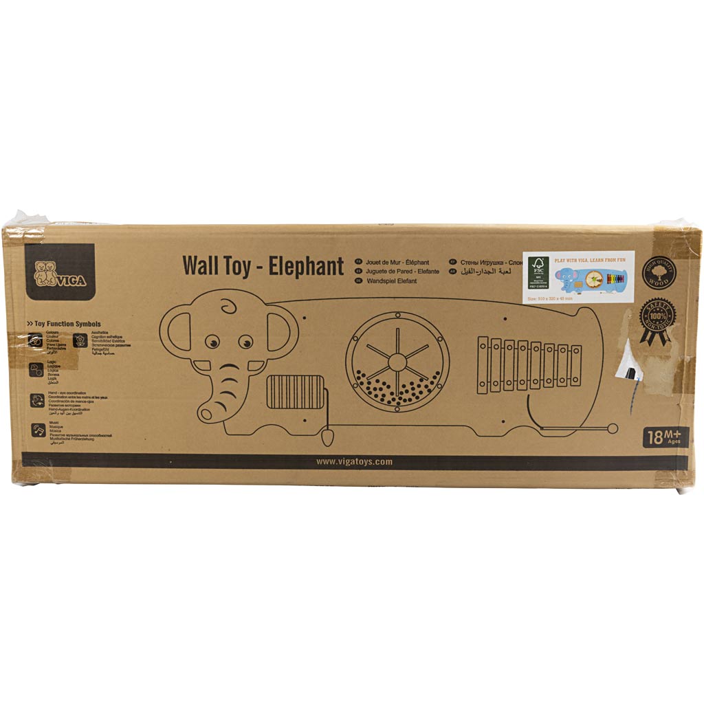 Tablero de actividades de madera Viga con elefante, dimensiones 91x32x4,6 cm, 1 pieza