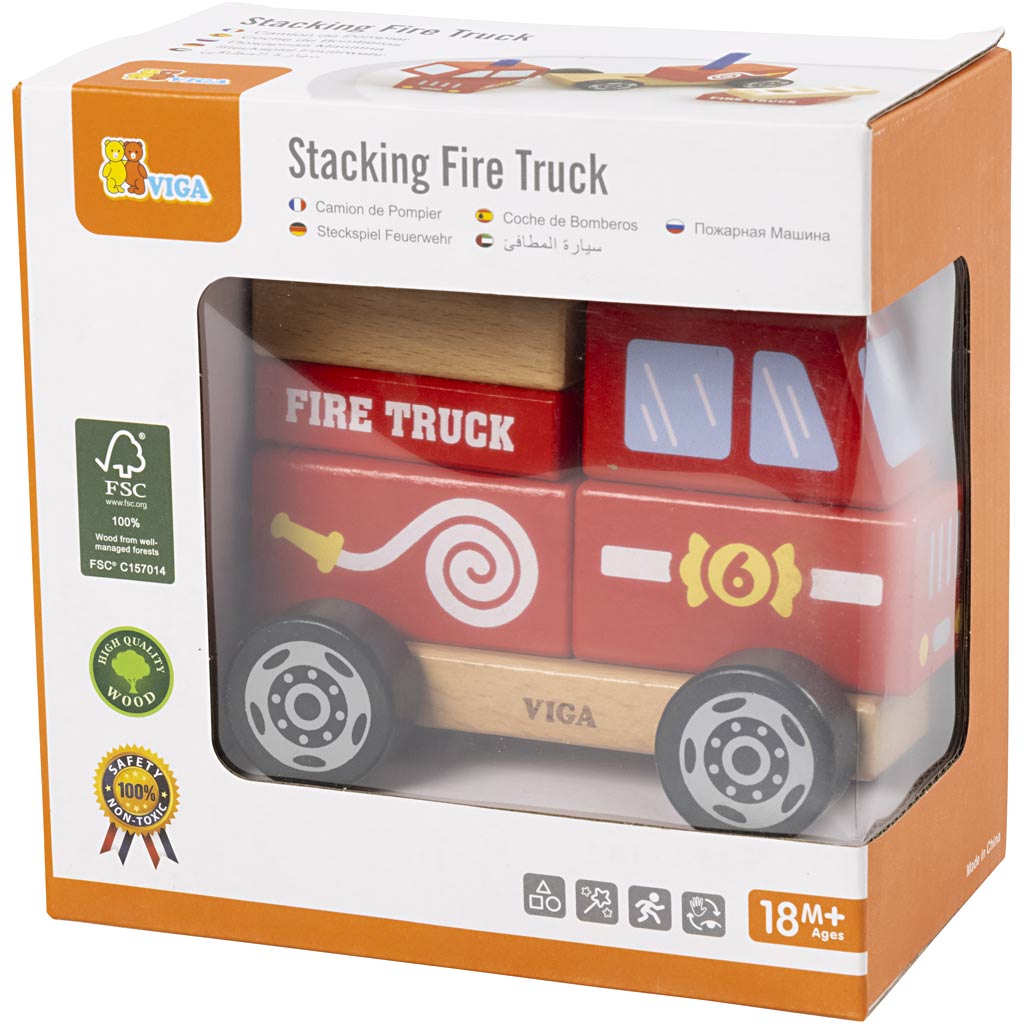 Viga giocattoli impilabili in legno per camion dei pompieri, camion dei pompieri, dimensioni 13x10x8 cm, 1 pezzo