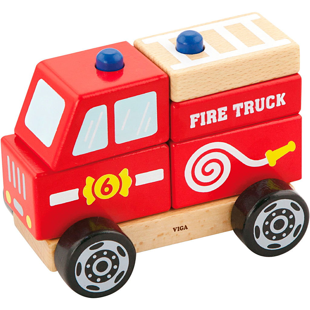 Viga giocattoli impilabili in legno per camion dei pompieri, camion dei pompieri, dimensioni 13x10x8 cm, 1 pezzo