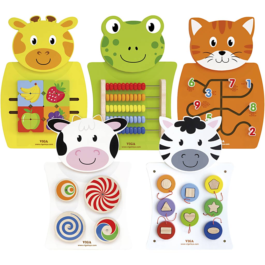 Tavola attività Viga, mucca, gatti, rana, zebra e giraffa, dimensioni 36x55x3,5 cm, 5 parti 1 scatola