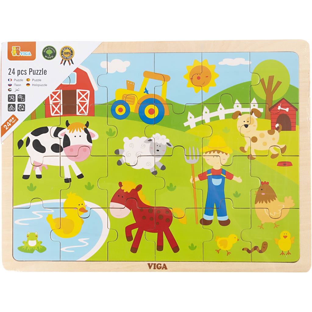 Viga rompecabezas de madera, animales de granja, medidas 30x22,5 cm, 24 piezas, 1 pieza